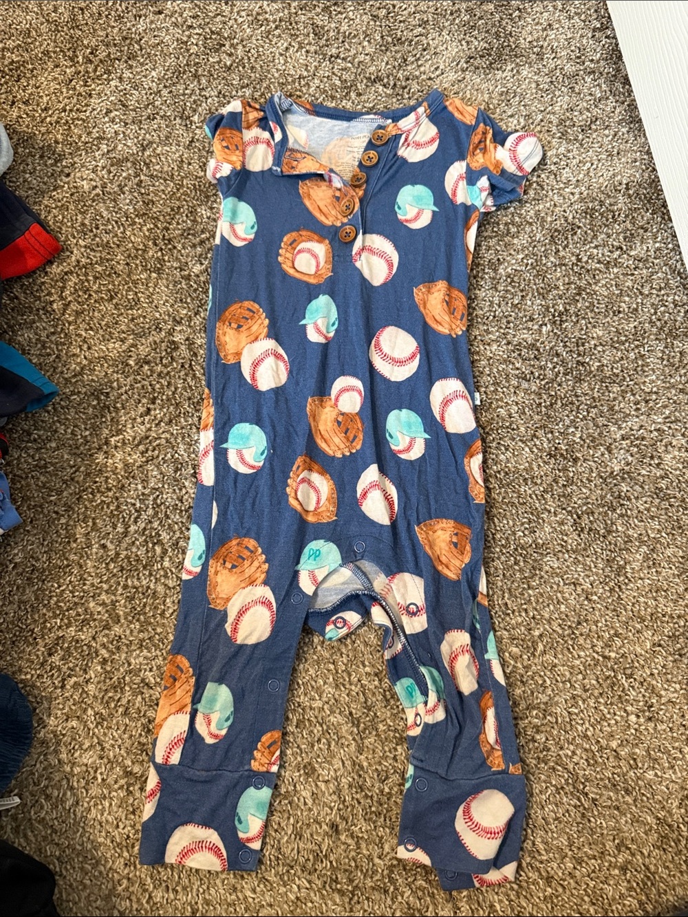 Posh Peanut Navy Romper with Baseball & Glove Motif